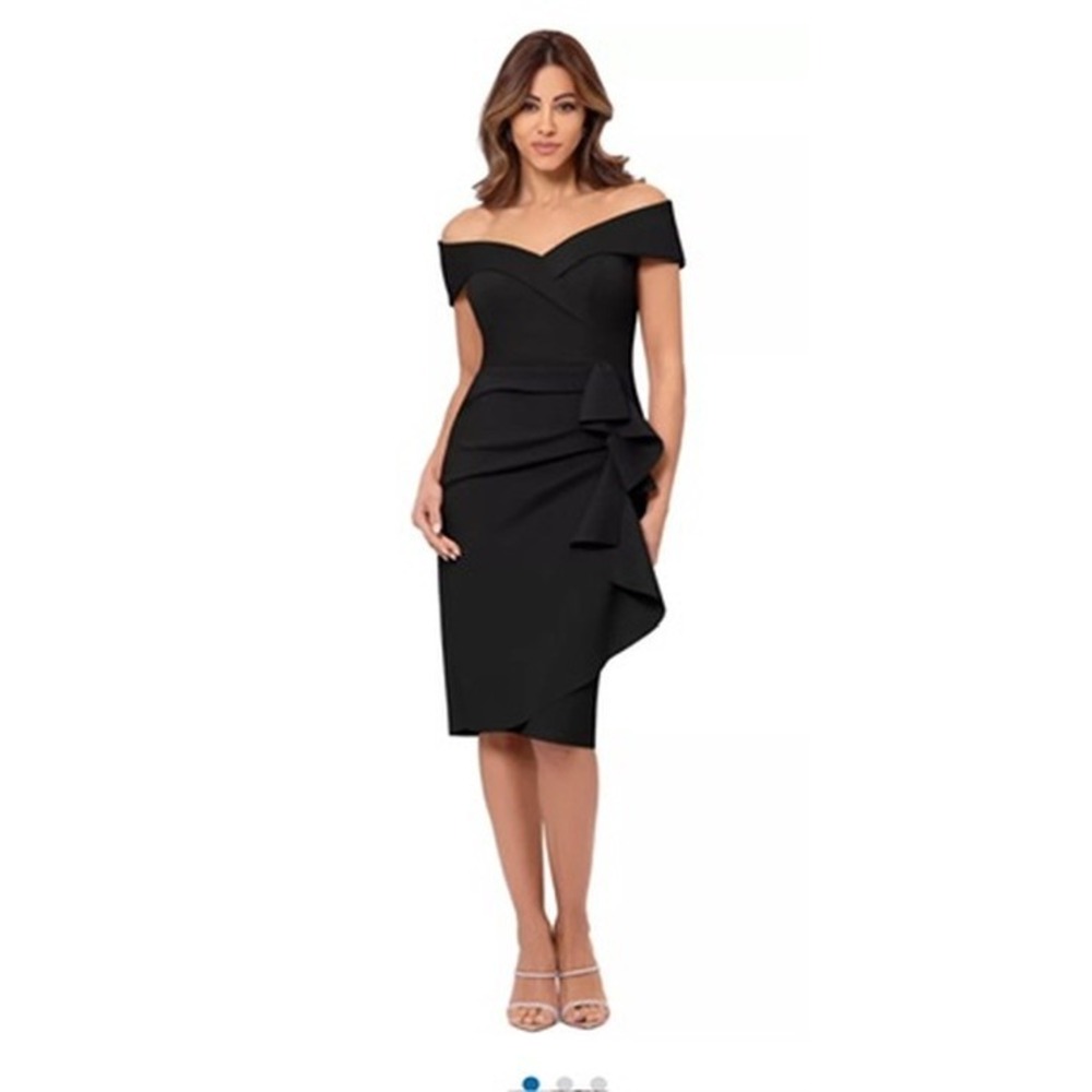 NWT Xscape Black Ruffle Off the Shoulder Scuba Knit Cocktail Dress Size 4P $188